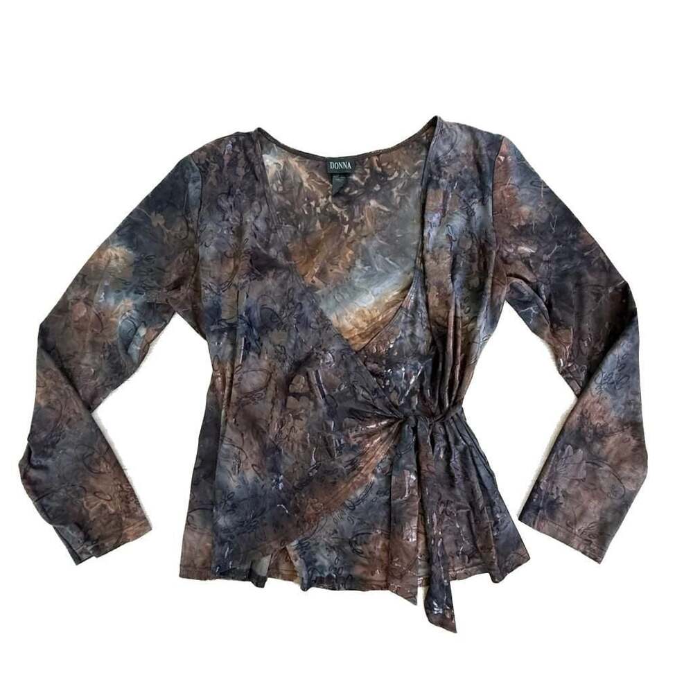 Vtg DONNA Y2K Fairycore Abstract Earth Tone Wrap Blouse - Size Medium